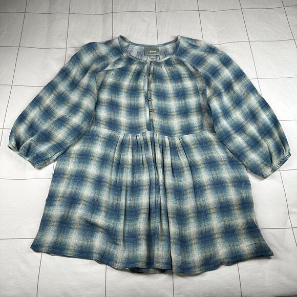 Anthropologie Maeve Top Tunic Womens Small Blue Plaid Calavon Peplum Popover - Picture 2 of 7